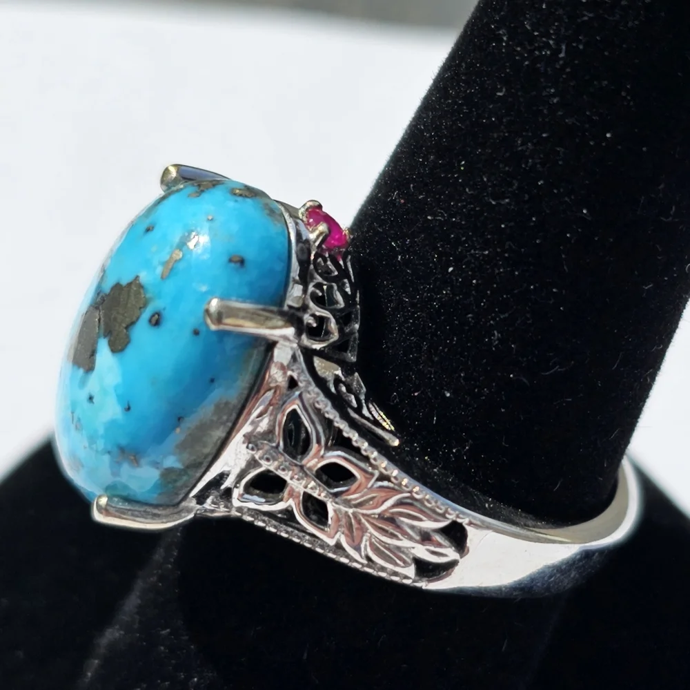Genuine Turquoise w/Pyrite & Ruby Platinum/925 🦋 Size 9! - Picture 6 of 8